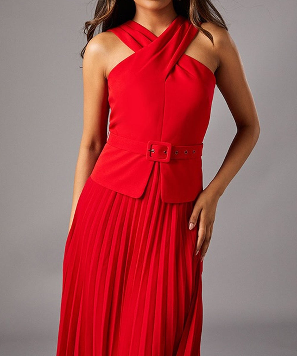 Red Criss‑Cross Halter Belted Pleated Midi Cocktail Dress