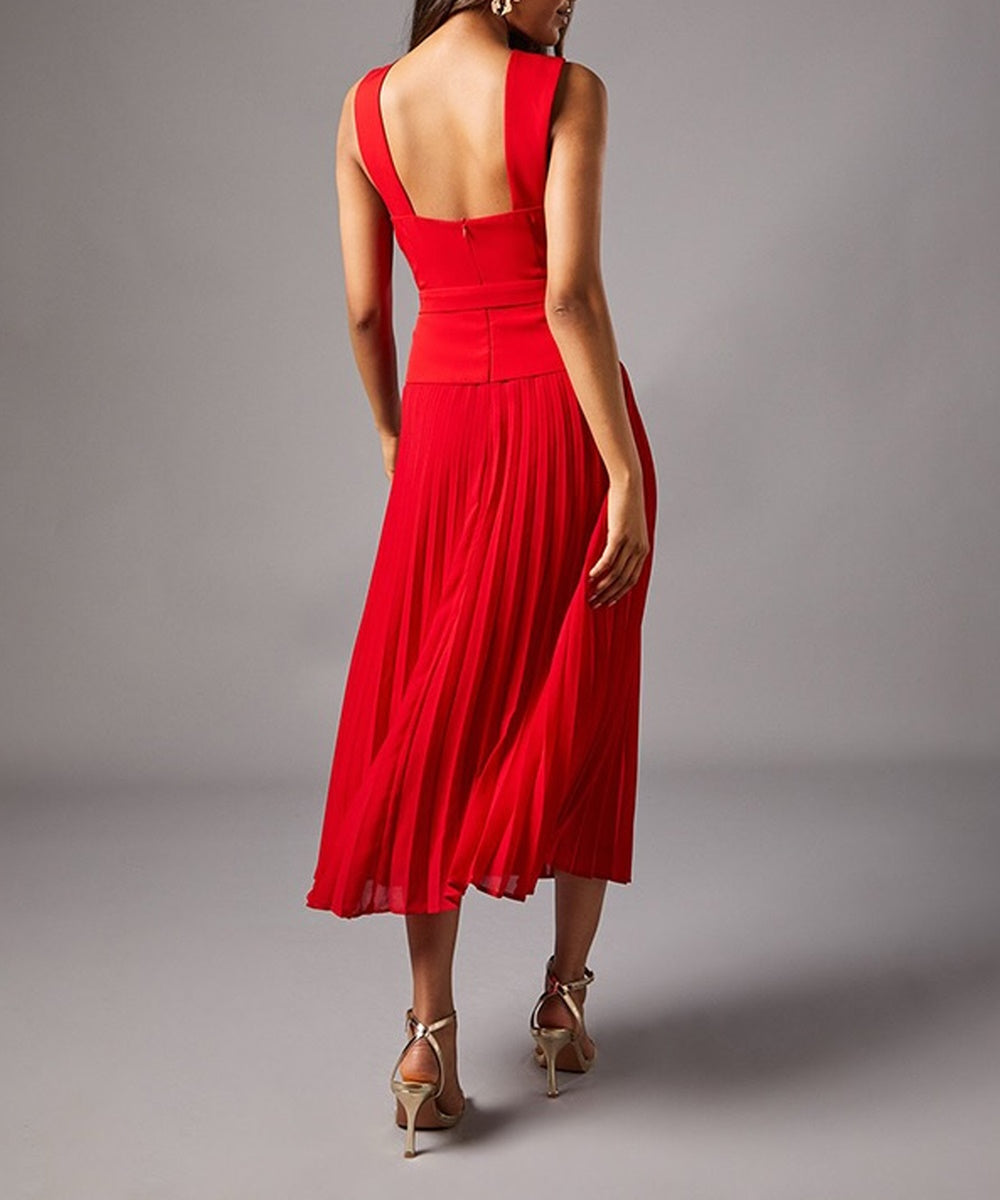 Red Criss‑Cross Halter Belted Pleated Midi Cocktail Dress