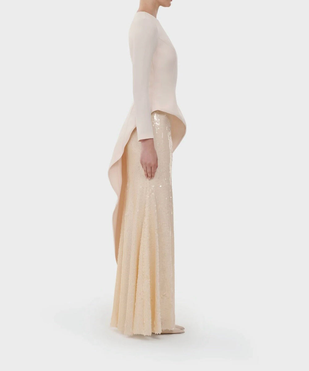 Cream Long Sleeve Round Neck Peplum Top with Sequin Mermaid Maxi Skirt Evening Gown