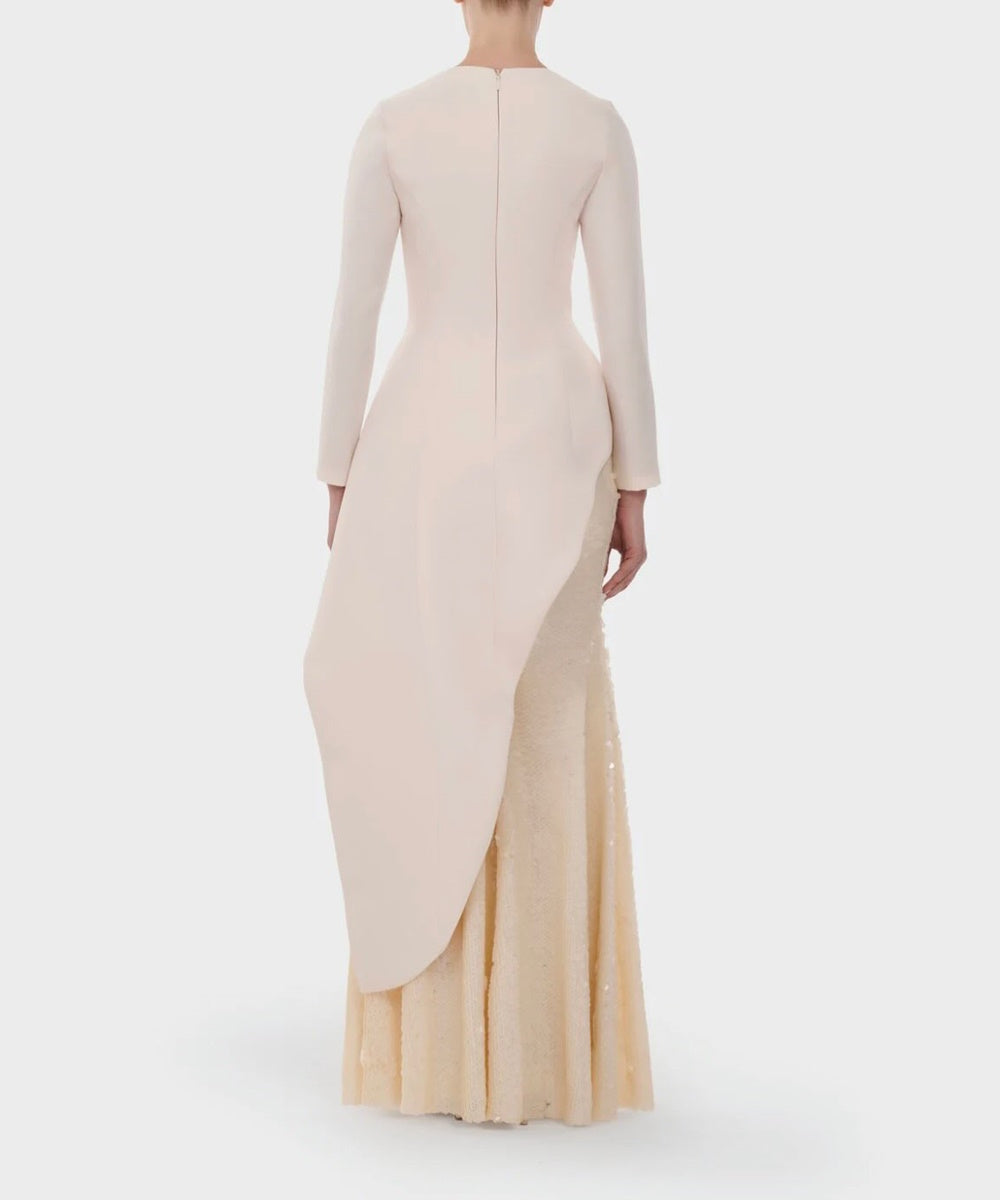 Cream Long Sleeve Round Neck Peplum Top with Sequin Mermaid Maxi Skirt Evening Gown