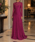 Fuchsia Long Sleeve High Neck Ruched Waist Lace Maxi Evening Gown