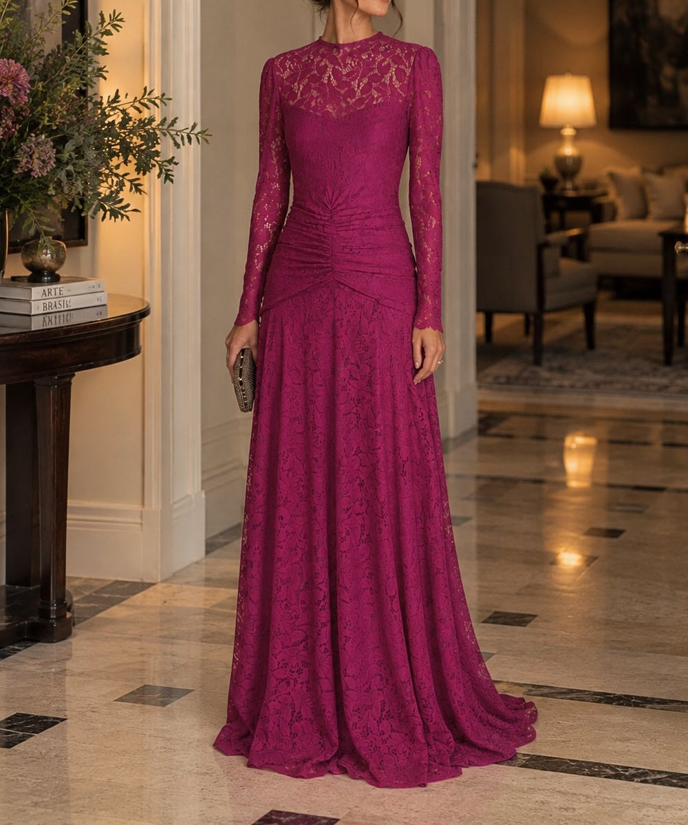 Fuchsia Long Sleeve High Neck Ruched Waist Lace Maxi Evening Gown