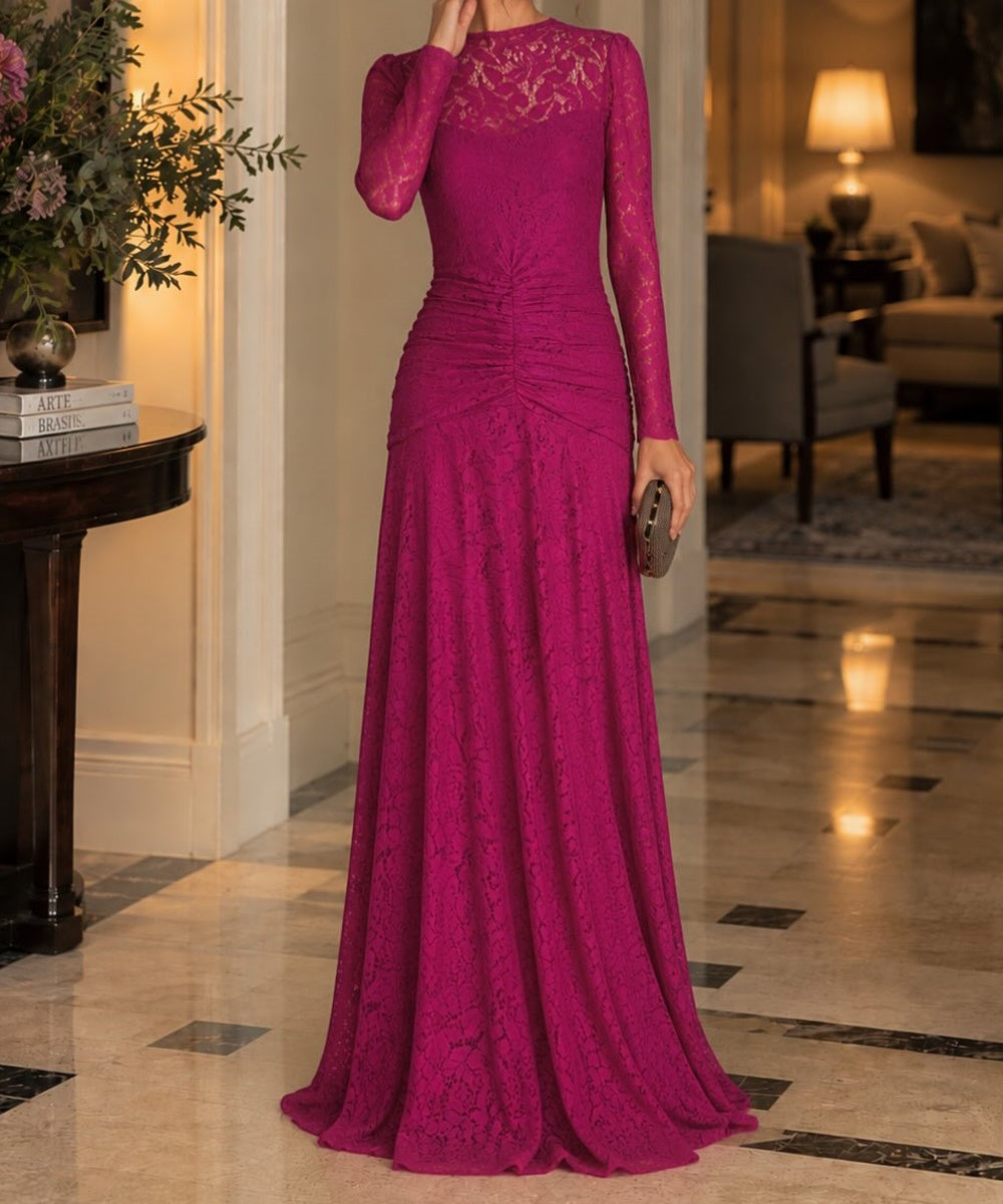Fuchsia Long Sleeve High Neck Ruched Waist Lace Maxi Evening Gown