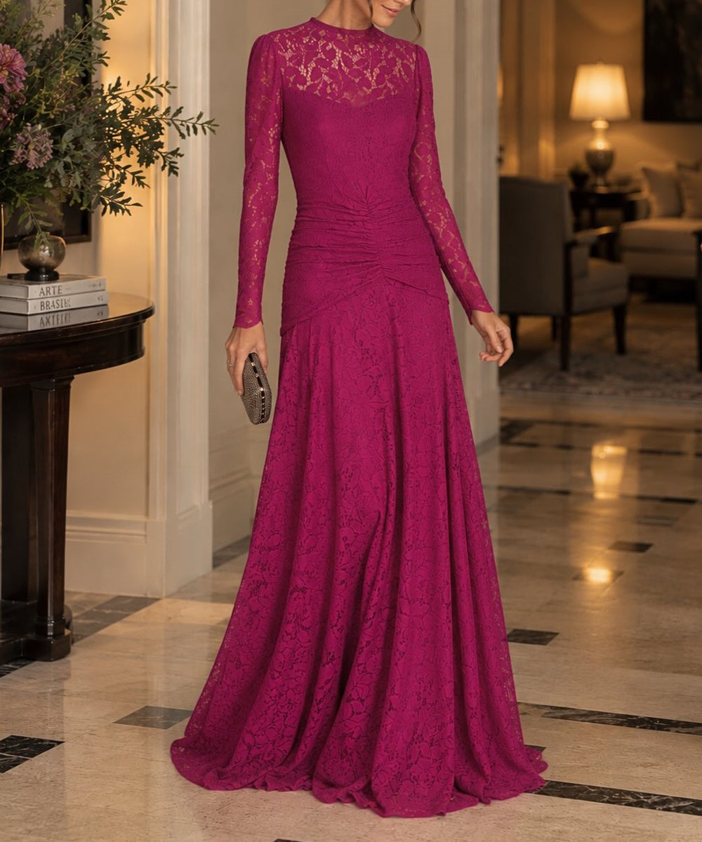 Fuchsia Long Sleeve High Neck Ruched Waist Lace Maxi Evening Gown
