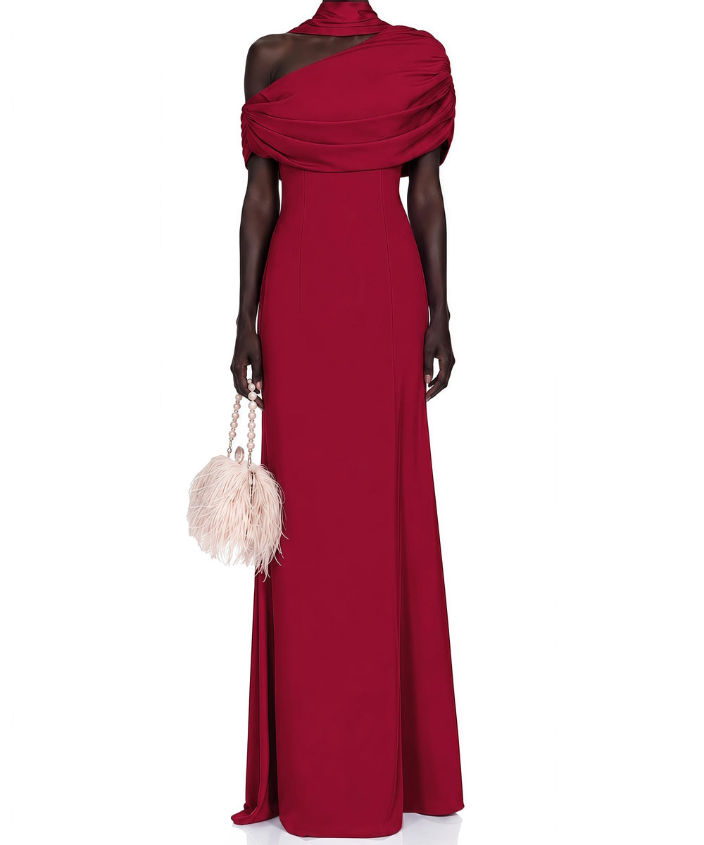 Asymmetric Draped Off Shoulder Satin Mermaid Maxi Evening Gown With Scarf Collar