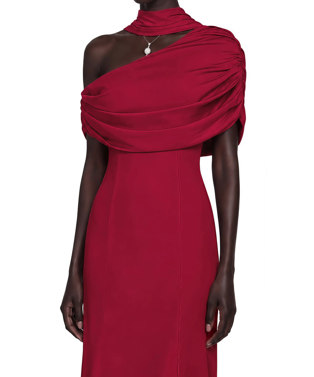 Asymmetric Draped Off Shoulder Satin Mermaid Maxi Evening Gown With Scarf Collar