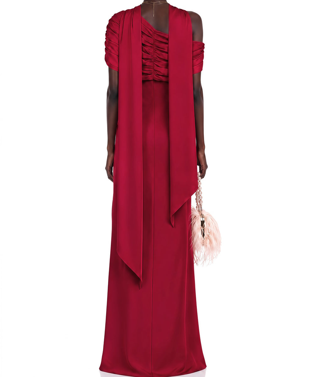 Asymmetric Draped Off Shoulder Satin Mermaid Maxi Evening Gown With Scarf Collar