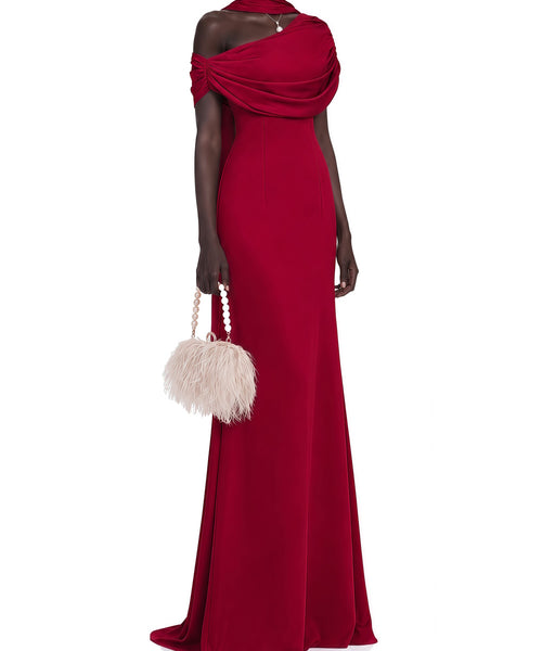 Asymmetric Draped Off Shoulder Satin Mermaid Maxi Evening Gown With Scarf Collar