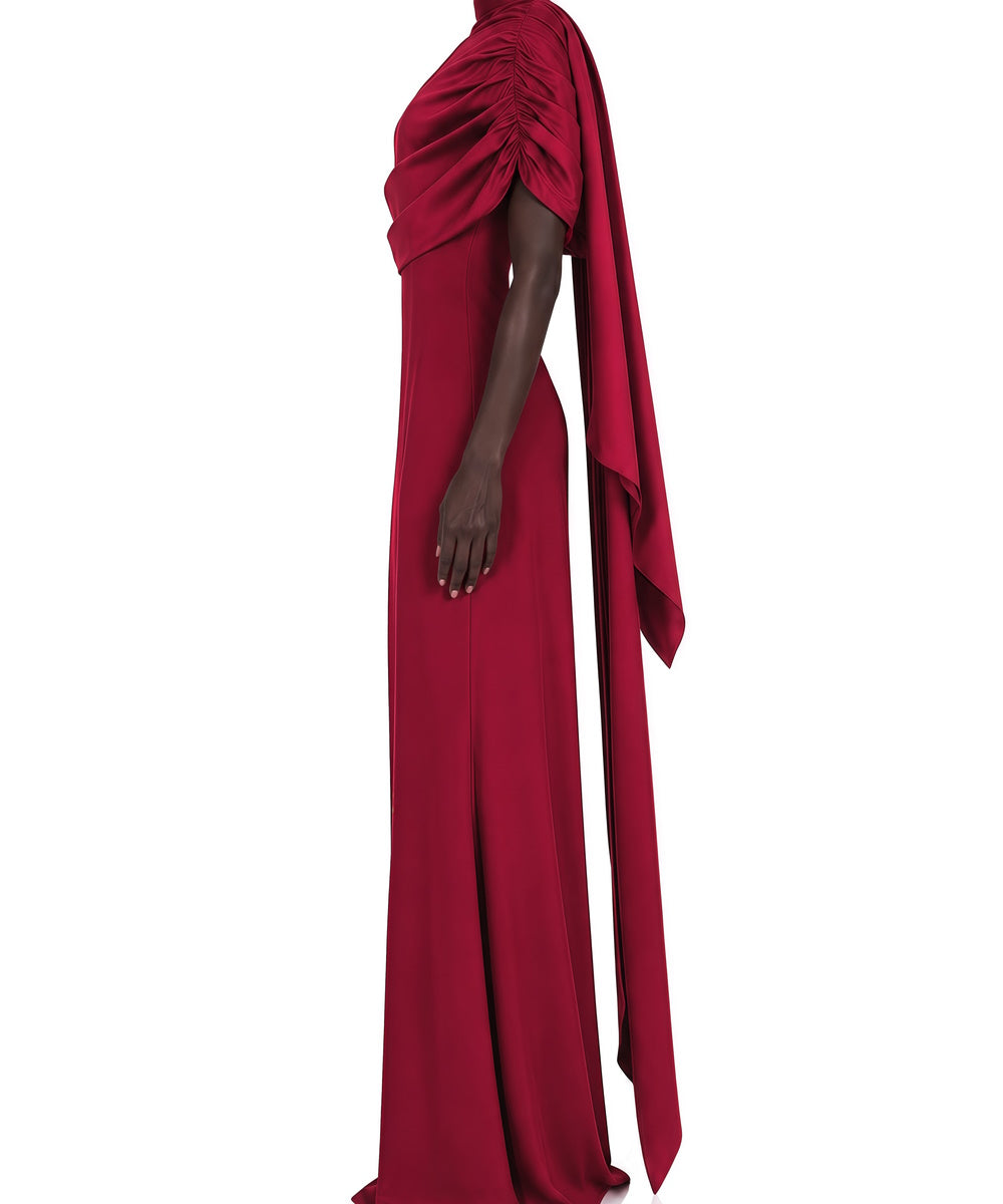 Asymmetric Draped Off Shoulder Satin Mermaid Maxi Evening Gown With Scarf Collar
