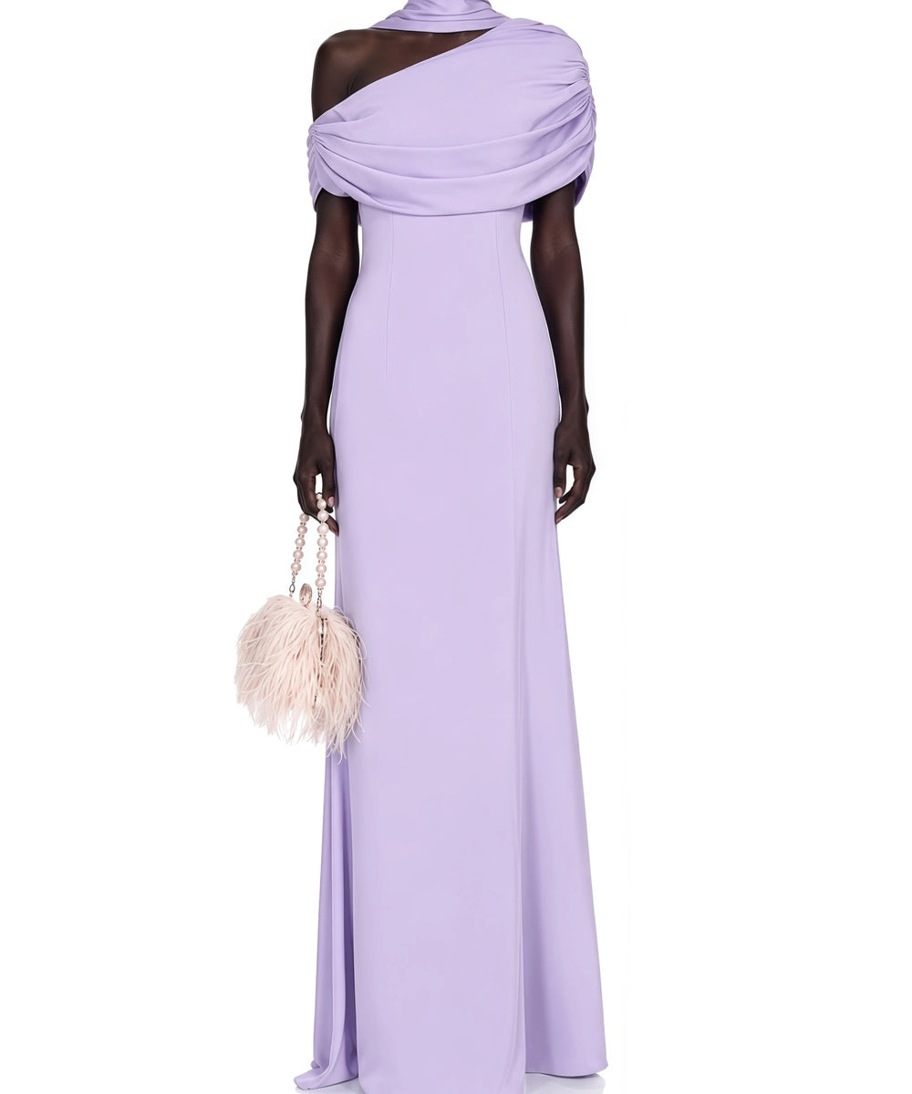 Asymmetric Draped Off Shoulder Satin Mermaid Maxi Evening Gown With Scarf Collar