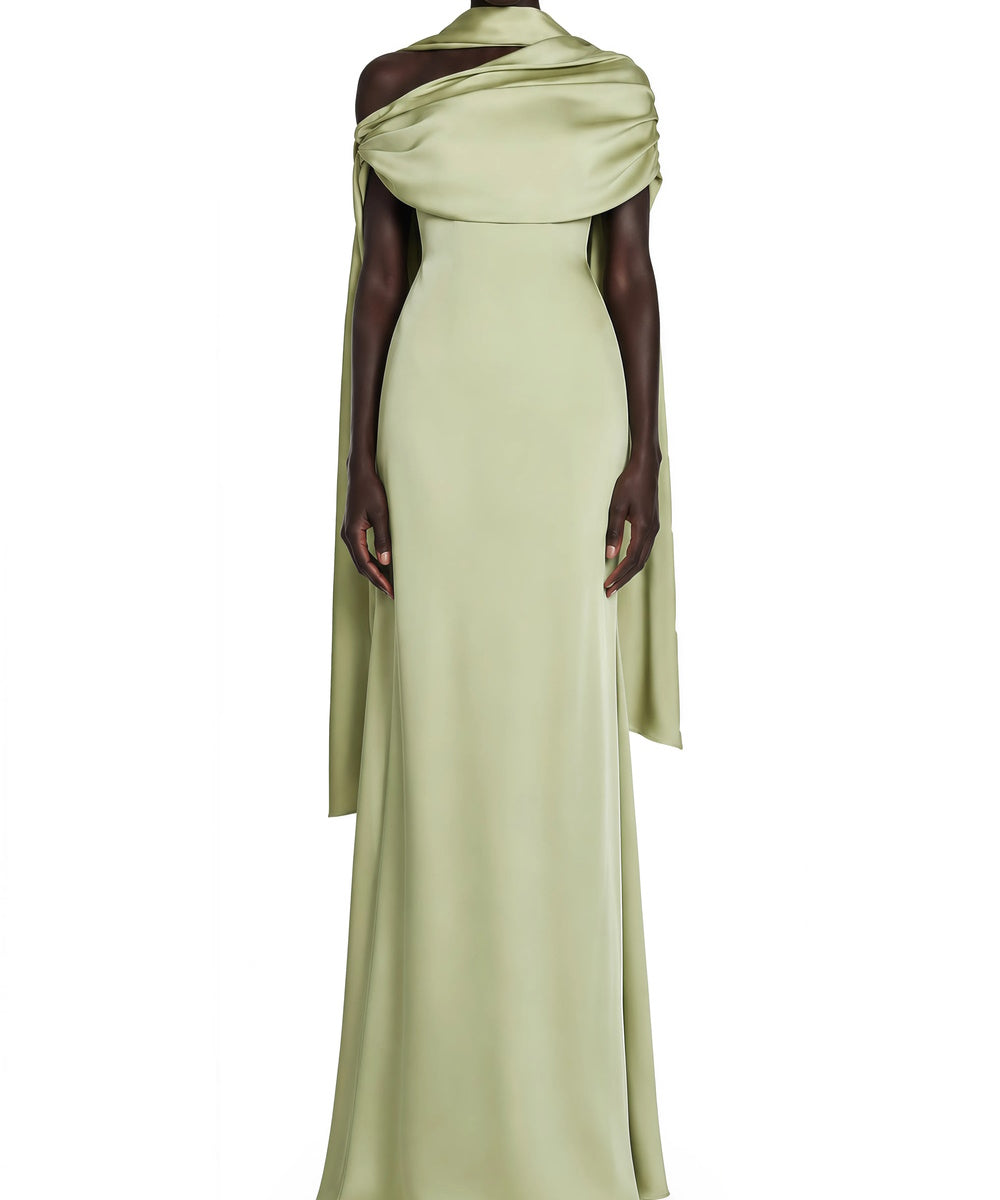 Asymmetric Draped Off Shoulder Satin Mermaid Maxi Evening Gown With Scarf Collar
