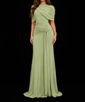 Draped Cape Sleeve Sage Green Mermaid Formal Evening Gown With Waist Tie
