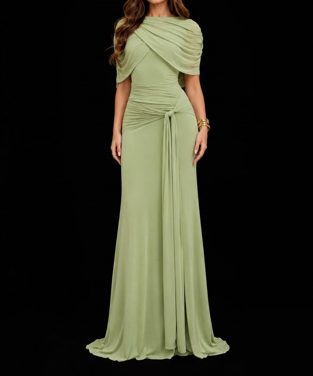 Draped Cape Sleeve Sage Green Mermaid Formal Evening Gown With Waist Tie