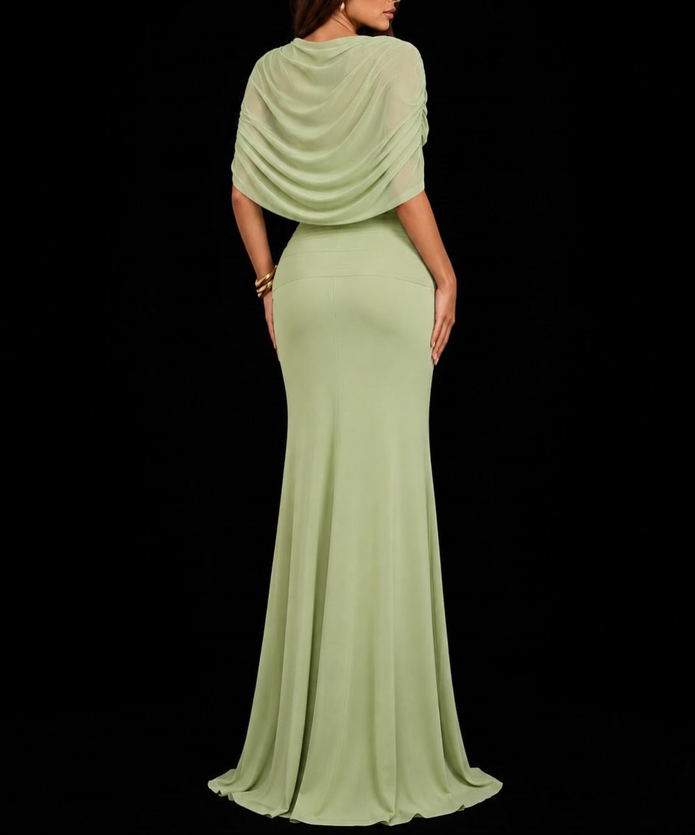 Draped Cape Sleeve Sage Green Mermaid Formal Evening Gown With Waist Tie