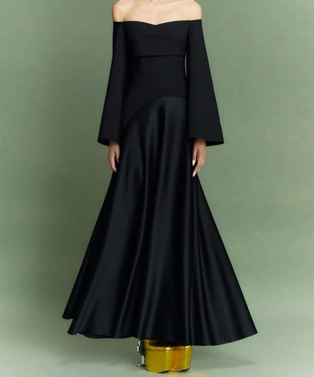 Black Off‑Shoulder Flare Sleeve Mixed‑Fabric Satin Evening Maxi Gown