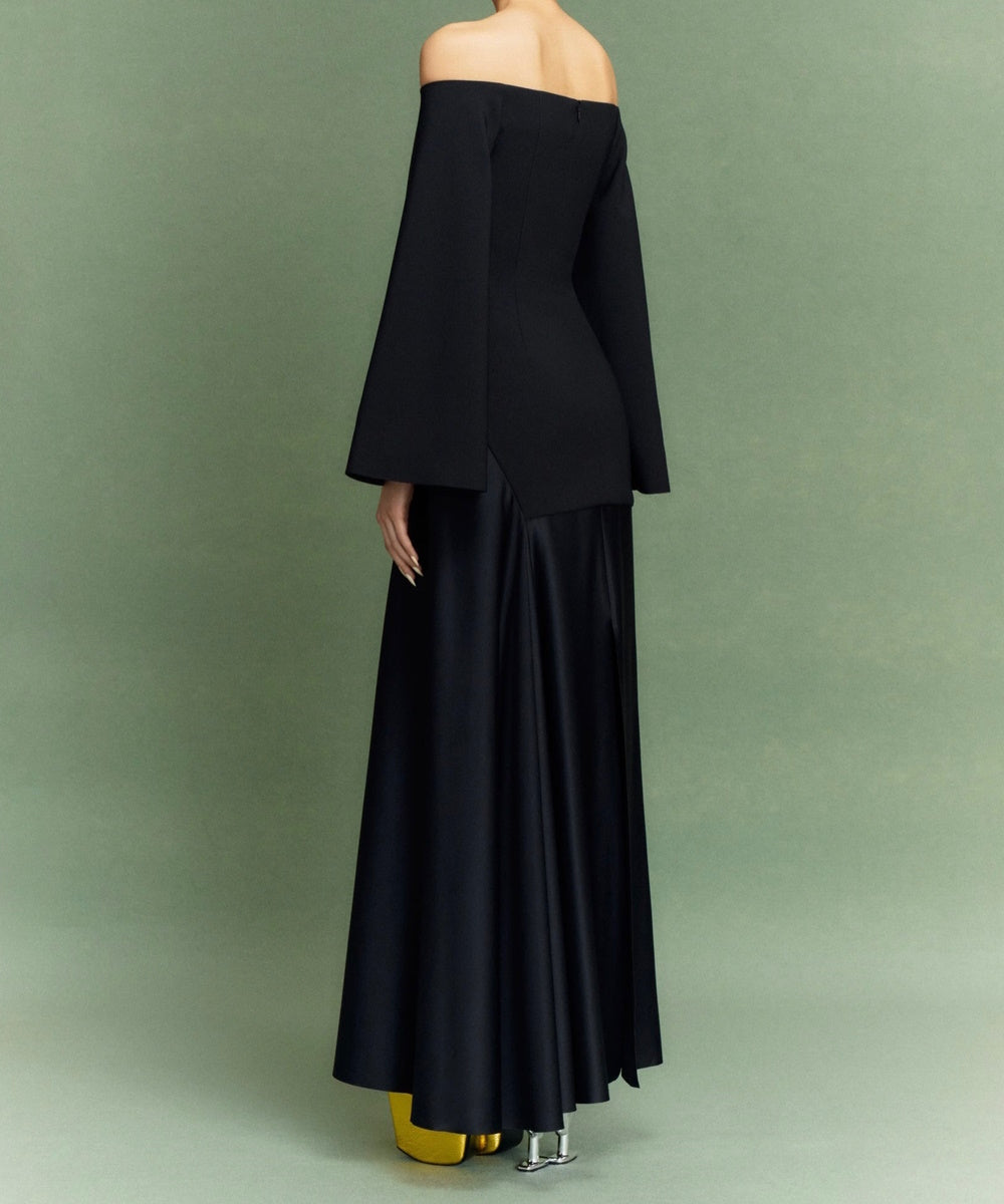 Black Off‑Shoulder Flare Sleeve Mixed‑Fabric Satin Evening Maxi Gown