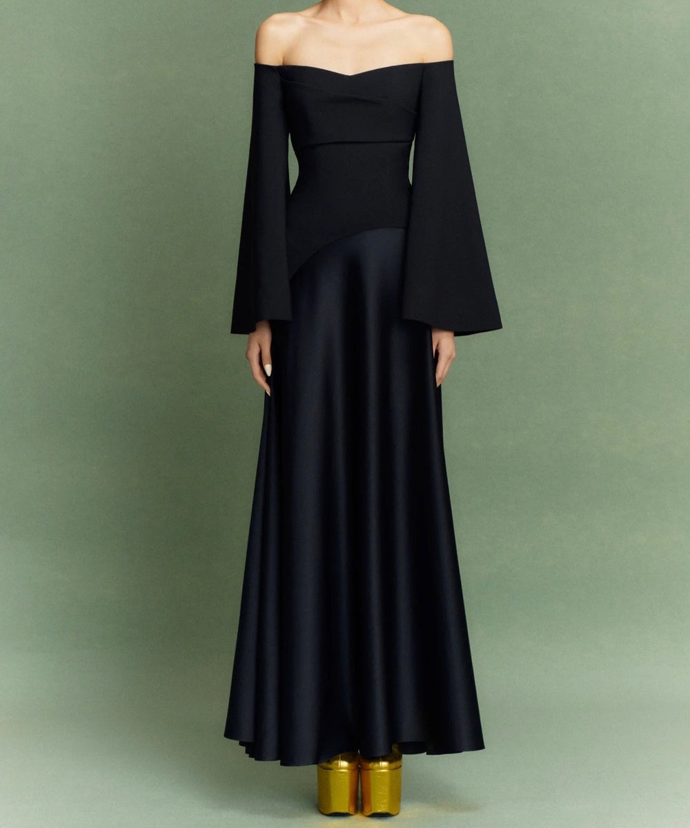 Black Off‑Shoulder Flare Sleeve Mixed‑Fabric Satin Evening Maxi Gown