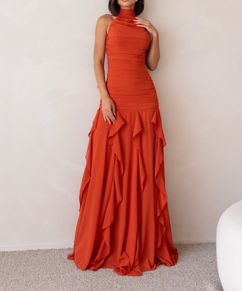 Halter Neck Ruched Chiffon Maxi Gown With Cascading Ruffle Skirt, Multi‑Color Bridesmaid Evening Dress