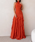 Halter Neck Ruched Chiffon Maxi Gown With Cascading Ruffle Skirt, Multi‑Color Bridesmaid Evening Dress