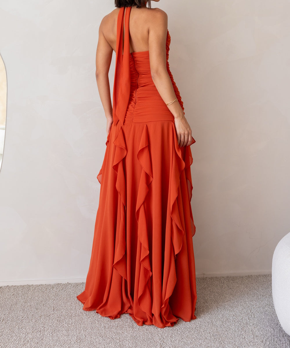 Halter Neck Ruched Chiffon Maxi Gown With Cascading Ruffle Skirt, Multi‑Color Bridesmaid Evening Dress