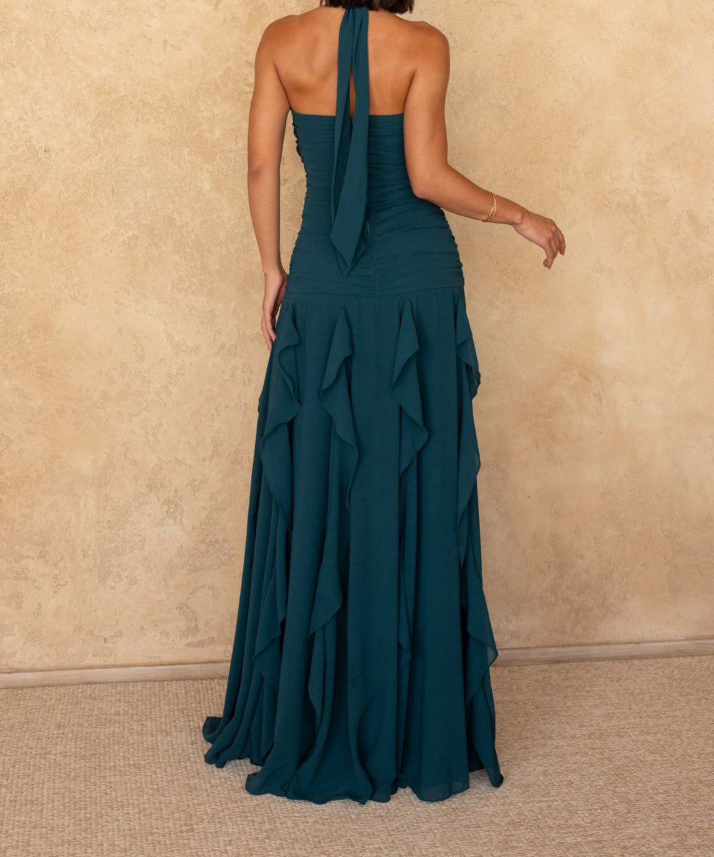 Halter Neck Ruched Chiffon Maxi Gown With Cascading Ruffle Skirt, Multi‑Color Bridesmaid Evening Dress