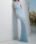 Light Blue Halter Neck Fringe Mermaid Maxi Evening Gown