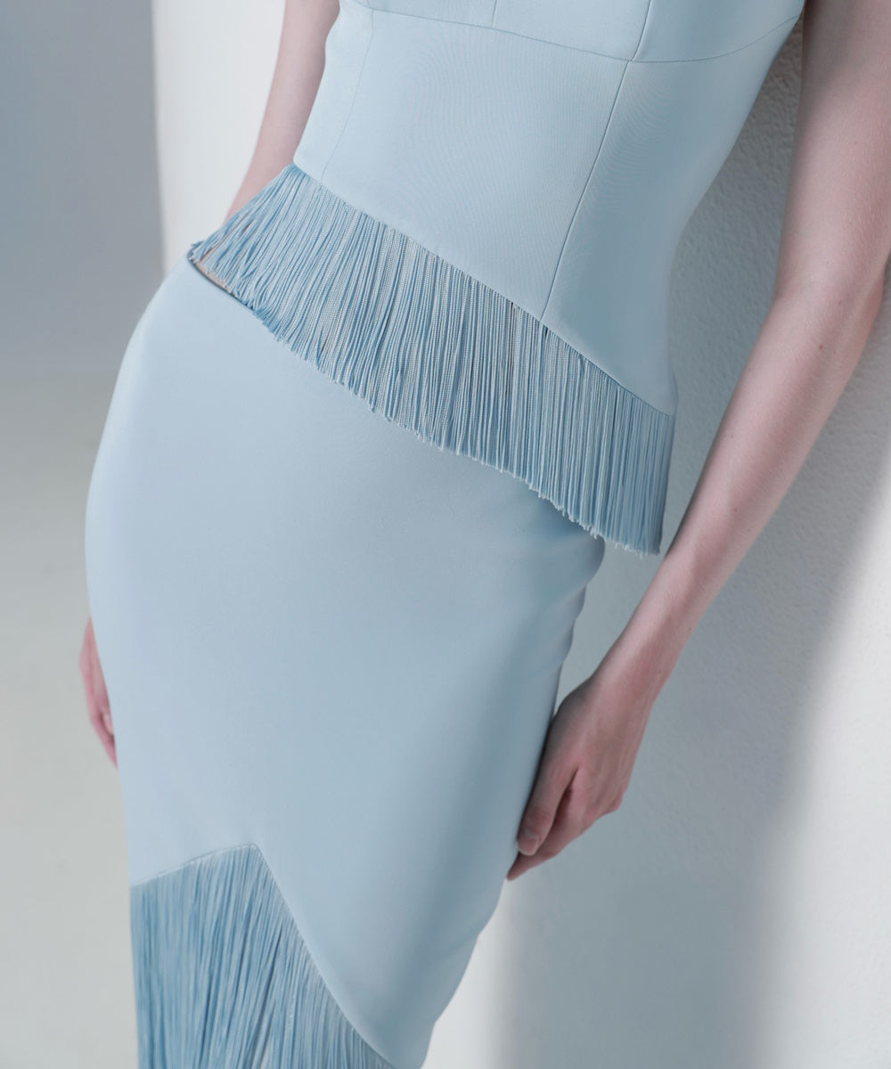 Light Blue Halter Neck Fringe Mermaid Maxi Evening Gown