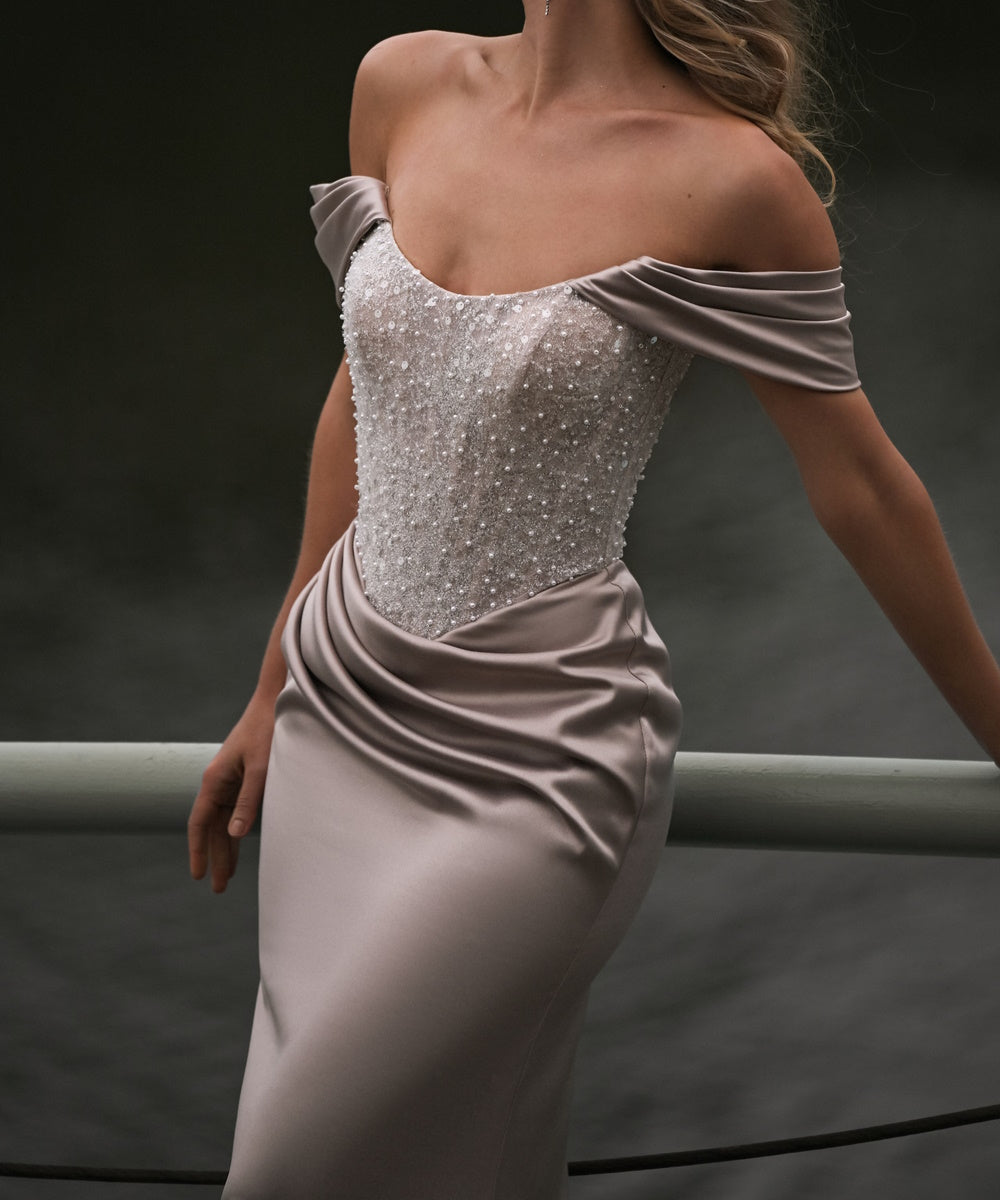 Dusty Rose Off‑the‑Shoulder Beaded Corset Satin Mermaid Evening Gown