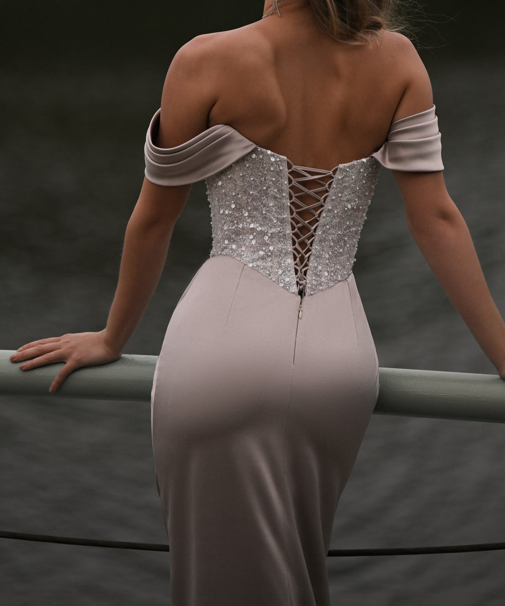 Dusty Rose Off‑the‑Shoulder Beaded Corset Satin Mermaid Evening Gown