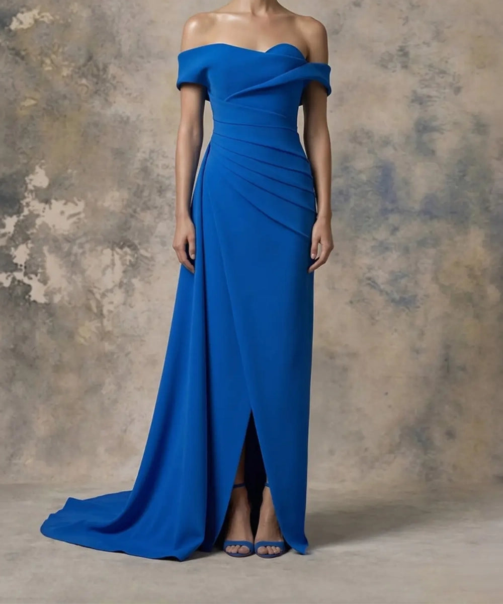 Cobalt Blue Off‑the‑Shoulder Draped Crepe Evening Gown With Front Slit & Train