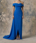 Cobalt Blue Off‑the‑Shoulder Draped Crepe Evening Gown With Front Slit & Train