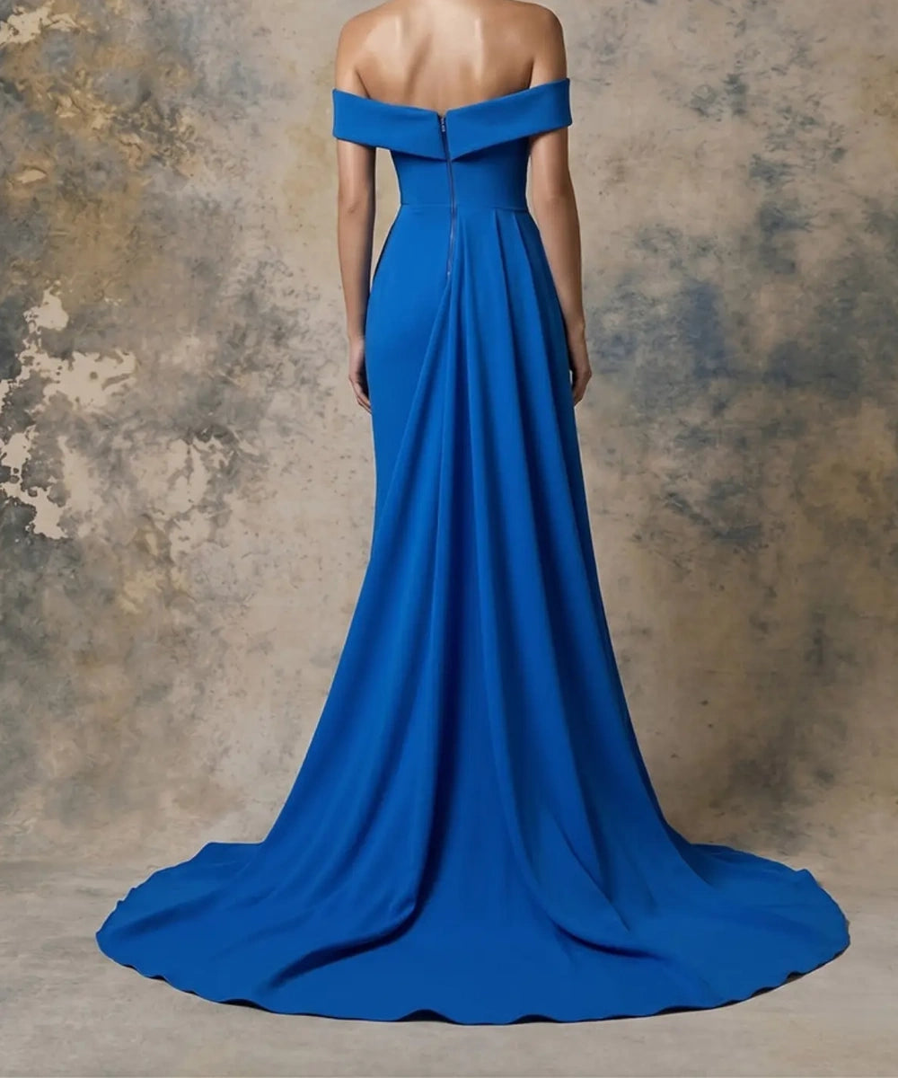 Cobalt Blue Off‑the‑Shoulder Draped Crepe Evening Gown With Front Slit & Train