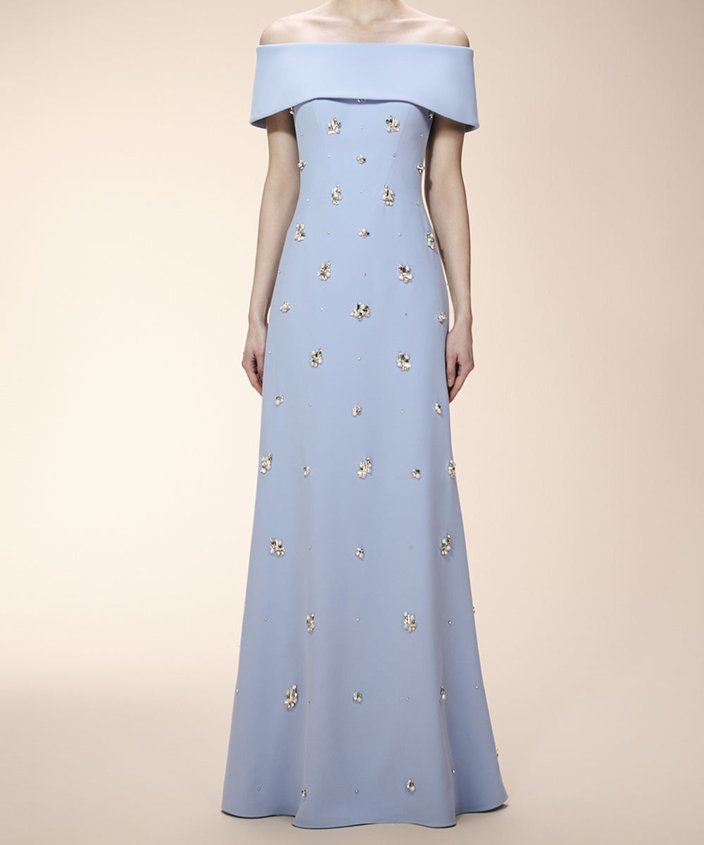Dusty Blue Off The Shoulder Beaded Maxi Formal Evening Gown