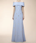 Dusty Blue Off The Shoulder Beaded Maxi Formal Evening Gown