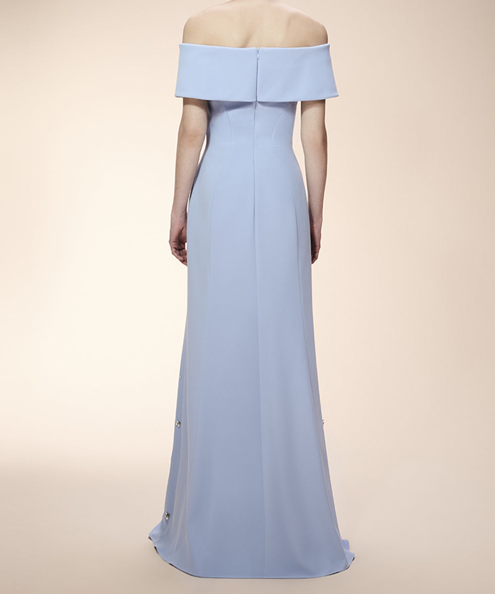 Dusty Blue Off The Shoulder Beaded Maxi Formal Evening Gown