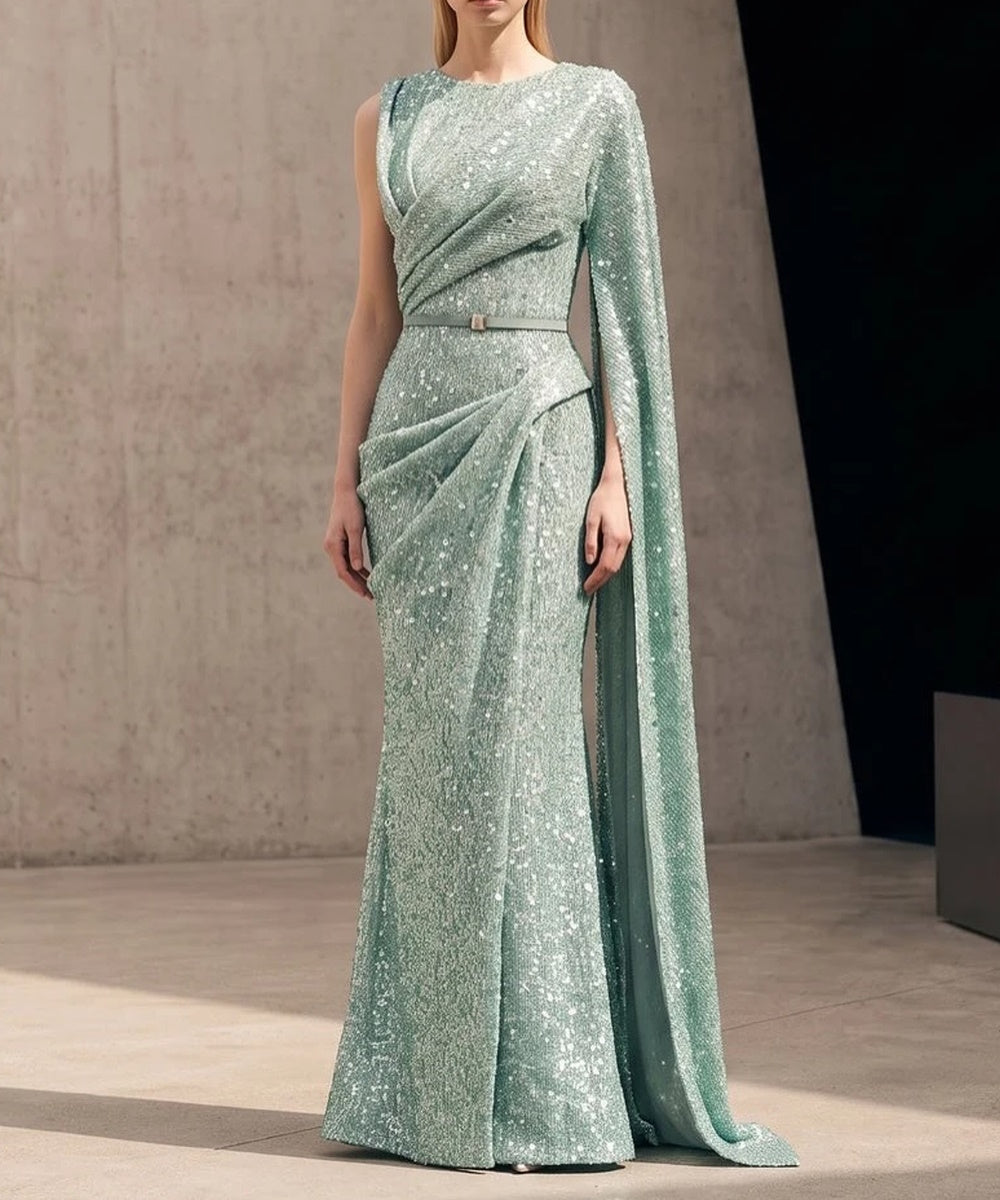 Sage Green Sequin Draped Cape‑Sleeve Mermaid Evening Gown
