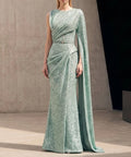 Sage Green Sequin Draped Cape‑Sleeve Mermaid Evening Gown