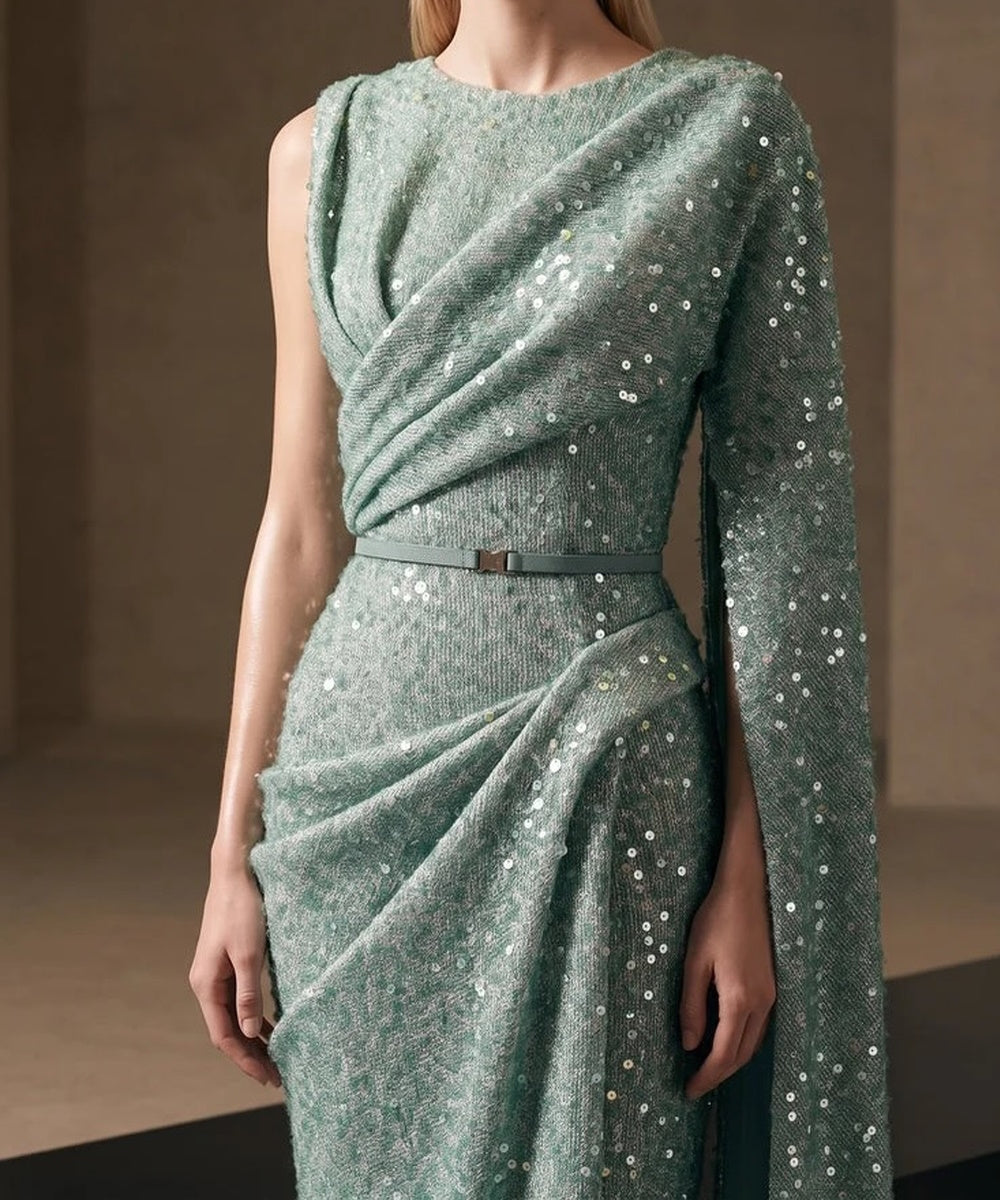 Sage Green Sequin Draped Cape‑Sleeve Mermaid Evening Gown