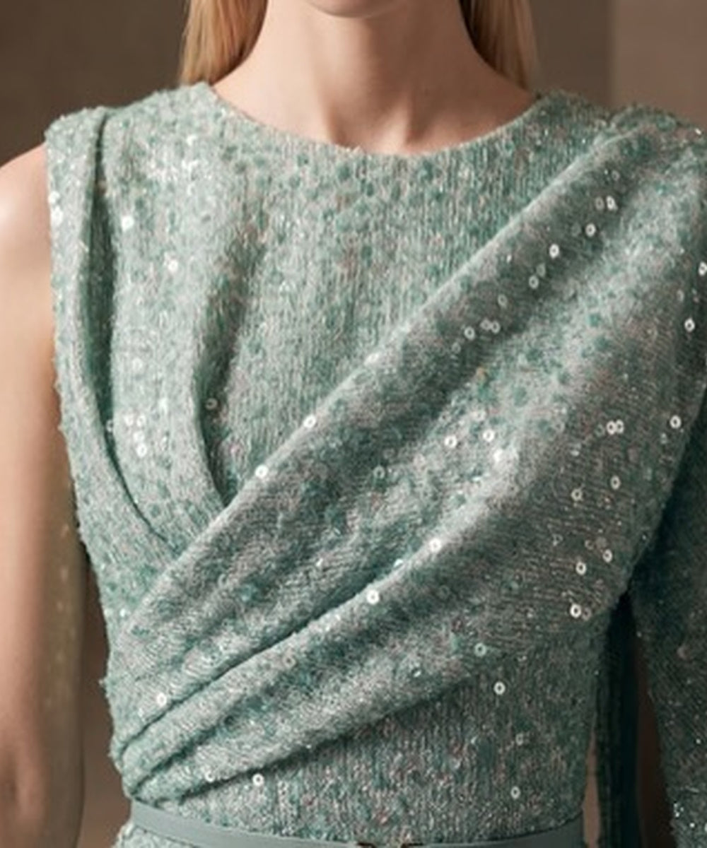 Sage Green Sequin Draped Cape‑Sleeve Mermaid Evening Gown
