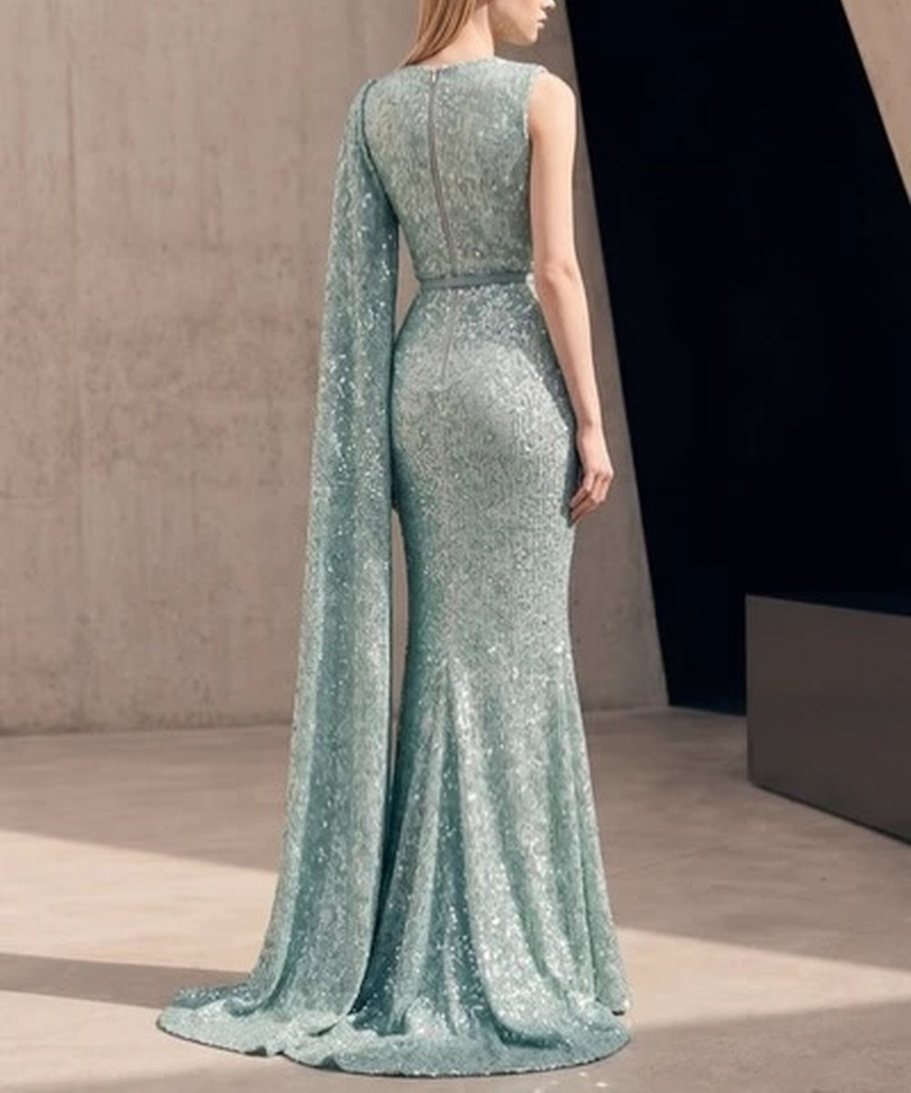 Sage Green Sequin Draped Cape‑Sleeve Mermaid Evening Gown