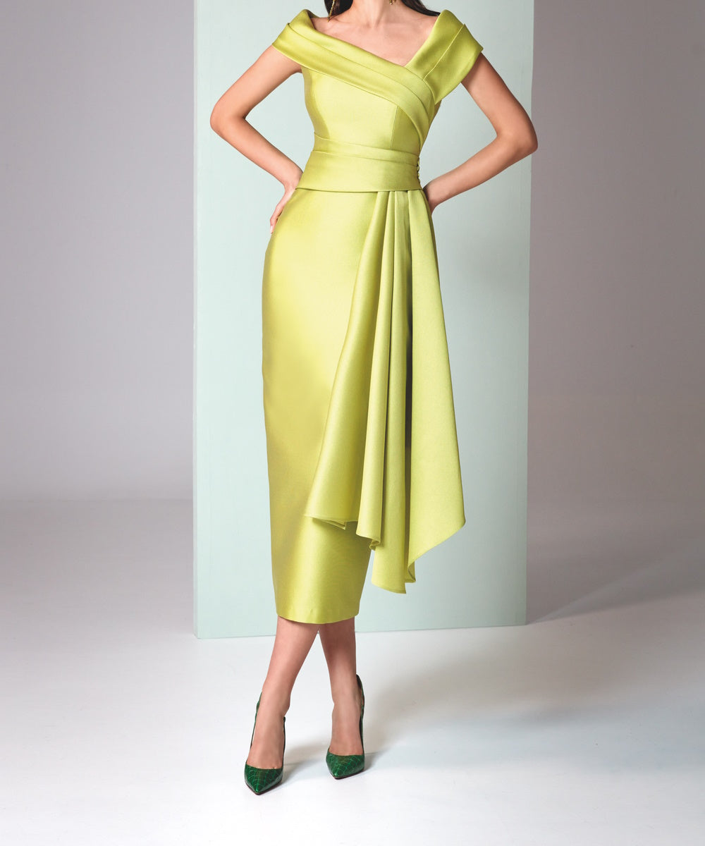 Chartreuse Off‑Shoulder Satin Midi Dress With Asymmetrical Draped Detail