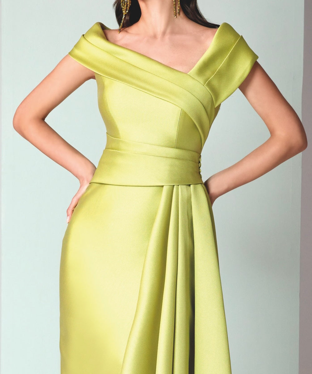 Chartreuse Off‑Shoulder Satin Midi Dress With Asymmetrical Draped Detail