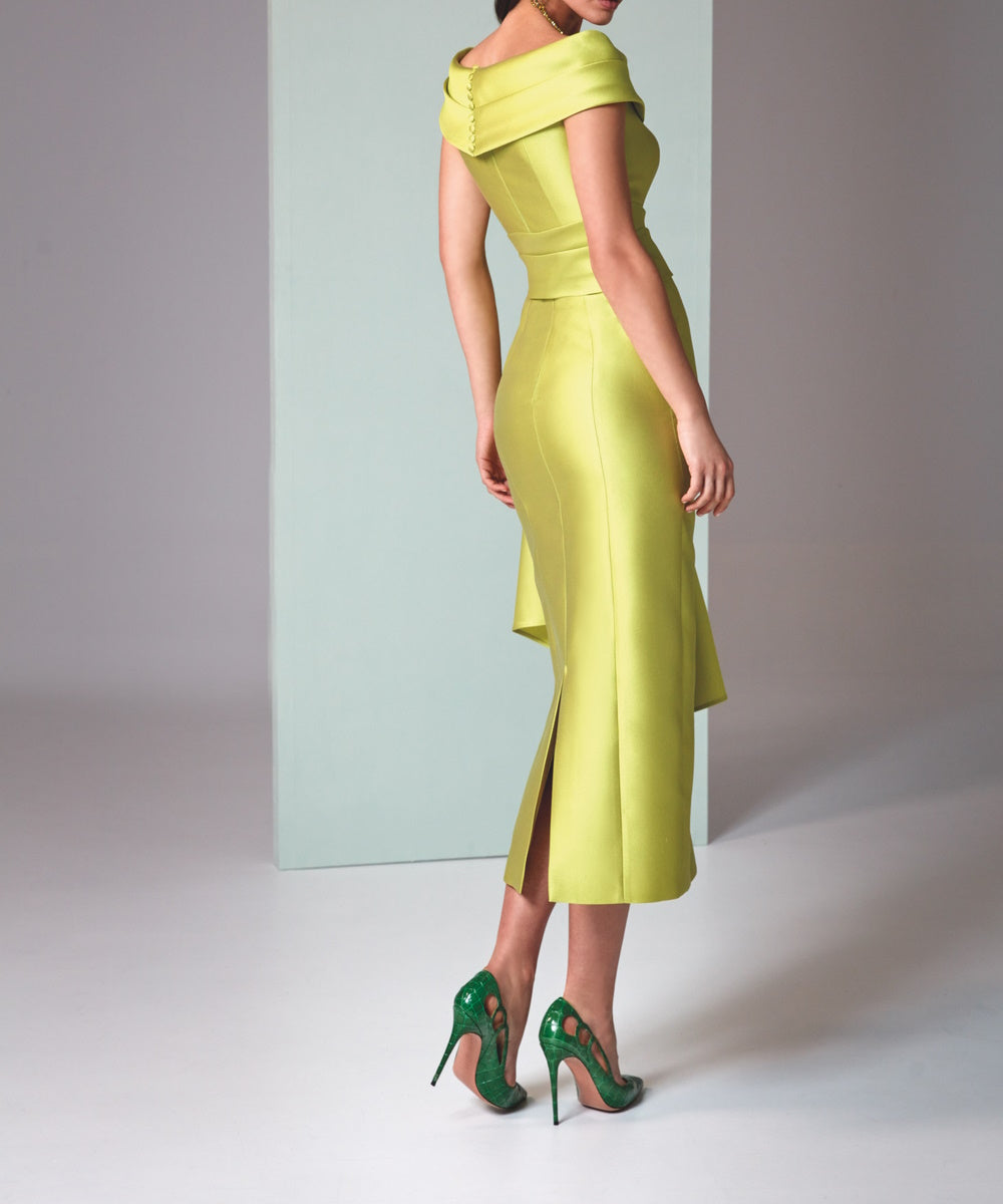 Chartreuse Off‑Shoulder Satin Midi Dress With Asymmetrical Draped Detail