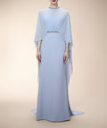 Dusty Blue Chiffon Cape Sleeve Beaded Neck & Waist Formal Evening Gown