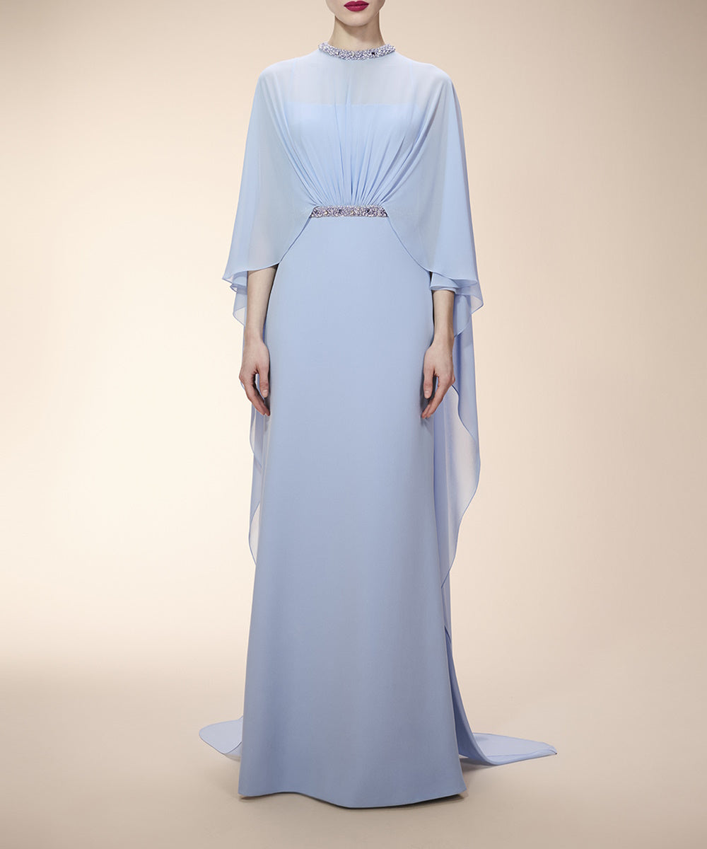 Dusty Blue Chiffon Cape Sleeve Beaded Neck & Waist Formal Evening Gown