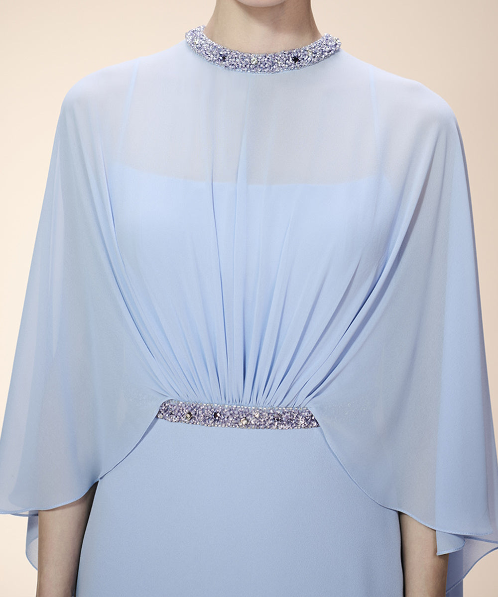 Dusty Blue Chiffon Cape Sleeve Beaded Neck & Waist Formal Evening Gown
