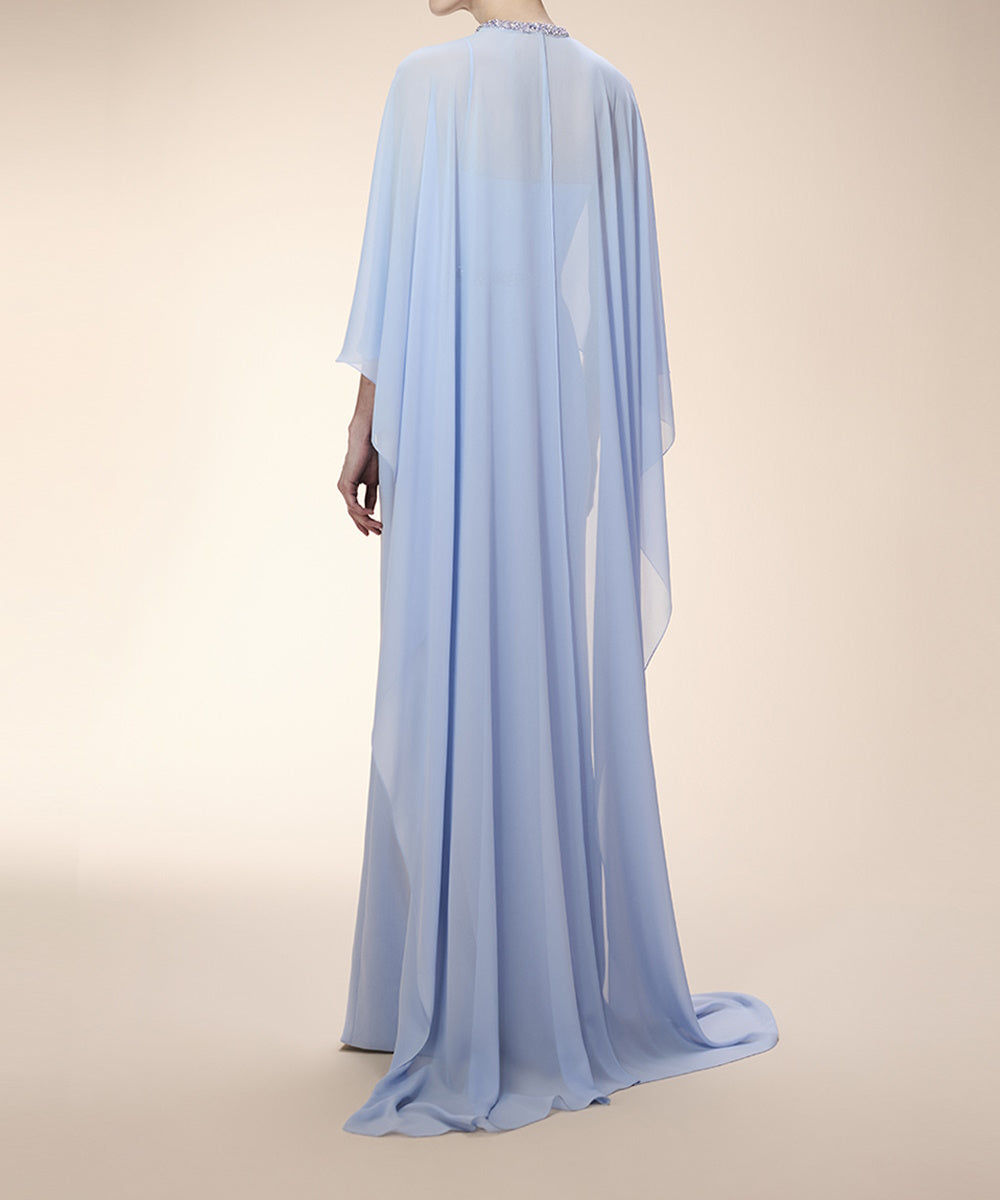Dusty Blue Chiffon Cape Sleeve Beaded Neck & Waist Formal Evening Gown
