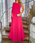 Fuchsia One‑Shoulder Chiffon Evening Gown With 3D Floral Appliqué Cape Sleeve