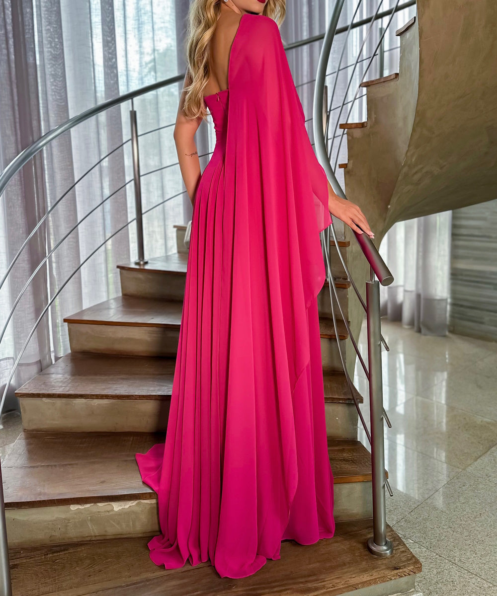Fuchsia One‑Shoulder Chiffon Evening Gown With 3D Floral Appliqué Cape Sleeve