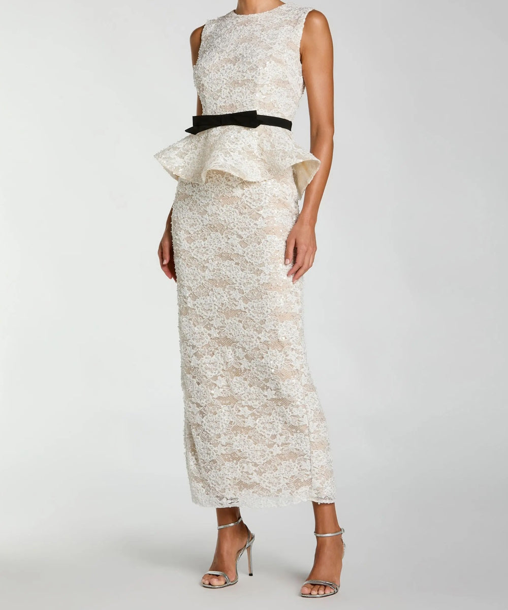 Ivory Sequin Lace Sleeveless Peplum Midi Dress With Contrast Black Bow Belt